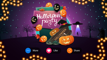 Halloween party, card with beautiful night landscape on the background and invitation plate with Halloween balloons, wooden sign, witch hat and pumpkin Jack