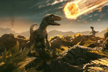Afwasbaar Fotobehang Jongenskamer Velociraptor ziet inkomende asteroïde