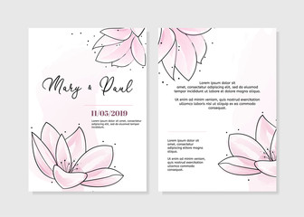Wedding invitation. Two sides with tender pink hand drawn flowers.