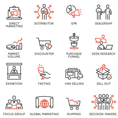Vector set of linear icons related to business management process, advertising promotion and marketing. Mono line pictograms and infographics design elements - part 3