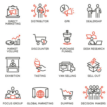 Vector set of linear icons related to business management process, advertising promotion and marketing. Mono line pictograms and infographics design elements - part 3