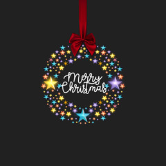 Merry Christmas and Happy New Year to everybody. Image of multi-colored stars in a circle with text inside. With a red bow on the ribbon at the top. - Vector