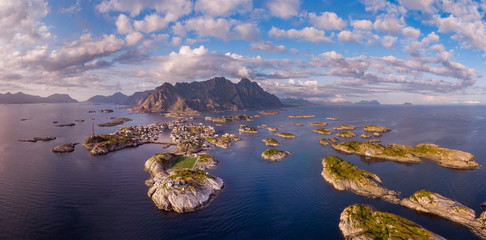 Norway, Henningvaer town panoramic top view, Norwegian fjords