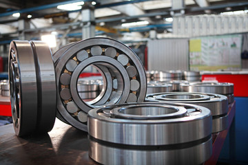 Steel bearings in production. Finished products. Big party. Concept of industrial industry. Photos...