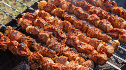 Cooking of tasty shashlick outdoors, closeup