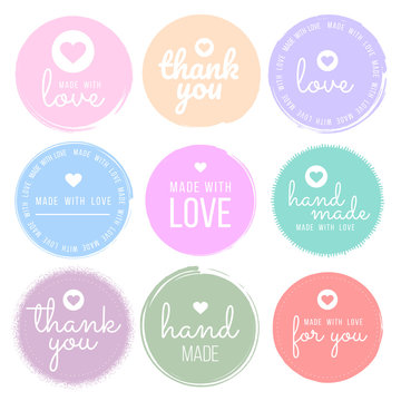 Set labels and bages for sellers including ''thank you'', ''handmade'', ''made with love'' and ''for you'' labels. Vector illustration