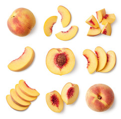Set of fresh whole and sliced peach fruit