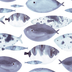 Beautiful hand drawn watercolor seamless pattern with blue sea fish on the white background. Marine life texture.