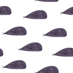 Beautiful seamless watercolor pattern with whales on white background. Watercolor illustration.