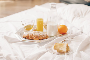 breakfast with fried eggs and milk