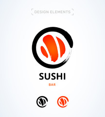 Hand drawn round sushi logo, brush style. Simple flat asian logotype