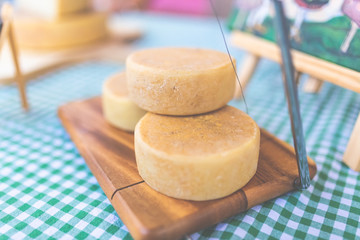 Cheese on table at agricultural fair. Natural home product. Food concept.