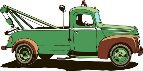 vintage tow truck, vector illustration, monogram, graphic, logo, green color, isolated
