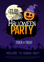 Halloween disco party poster with jack o lantern pumpkin and full moon. Halloween background