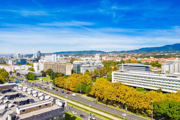 Croatia, city of Zagreb, panoramic view of business center and modern towers, Vukovarska street, urban skyline from drone