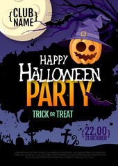 Halloween disco party poster with jack o lantern pumpkin and full moon. Halloween background