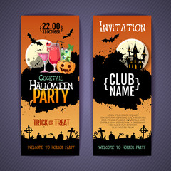 Halloween disco cocktail party poster with jack o lantern pumpkin and full moon. Invitation design. Halloween background