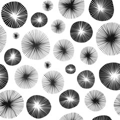 Abstract black and white circles seamless pattern. Hand drawn sketchy rays. Vector illustration - 288882730