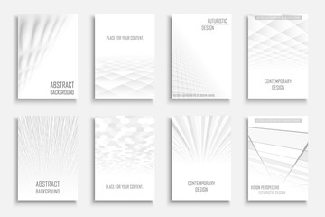 Collection of vector abstract contemporary backgrounds. White futuristic creative 3d design with geometric shapes and vision perspective.