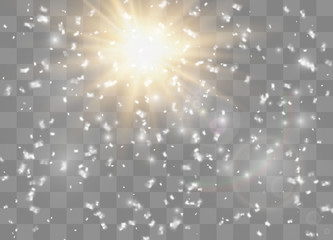 Snowflakes, snow background. Christmas snow for the new year. Glow light effect. Sun. Vector illustration.