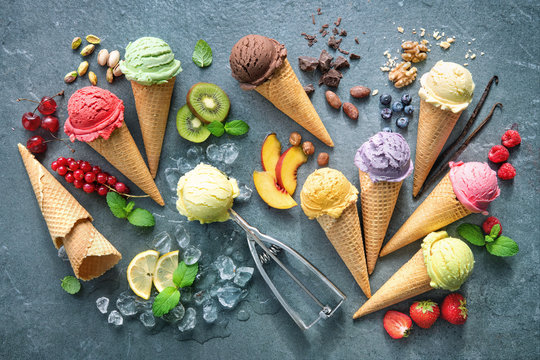 Various varieties of ice cream in cones