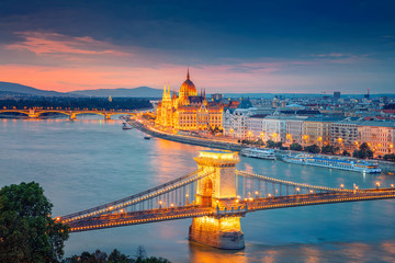 Naklejka na ściany i meble Budapest, Hungary. Aerial cityscape image of Budapest with Chain Bridge and parliament building during summer sunset.