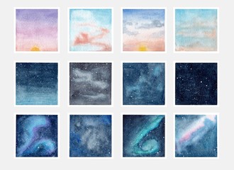 Collection of watercolor sky illustrations. Beautiful morning sky, starry night sky, space and galaxies in isolated white background. Hand drawn high resolution elements for your design.