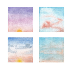  Watercolor illustration of sunrises. Beautiful morning sky in pastel colors. Hand drawn high resolution elements for posters, postcards, invitations and other design.   