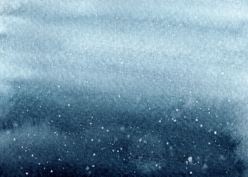 Watercolor dark blue background. Indigo night sky with snow. Hand drawn high resolution texture for posters, postcards, prints, invitations and other design. 