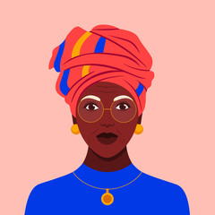 Portrait of an old African woman in a headdress. Stylish grandmother avatar. Vector flat illustration