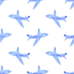 watercolor silhouettes of airplanes seamless pattern. transport, travel, flights.