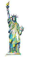 Statue of Liberty. Stylish multi-colored drawing with markers, pop art. America's famous place, symbol. - 288886301