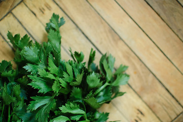 Bunch of fresh parsley celery on a wooden table. Healthy eating, raw food concept background. Fresh greens in the kitchen