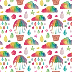 Behang Illustratie van handgeschilderde aquarel Decoratieve regenboog wolken ballonmand element voor stof ontwerp poster papier composities © Evgeniia