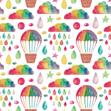 Illustration of hand painted watercolor Decorative rainbow clouds balloon basket element for fabric design poster paper compositions