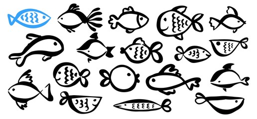 Set of cute cartoon fish hand painted with ink brush stroke - obrazy, fototapety, plakaty