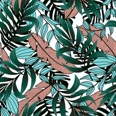 Seamless tropical pattern with colorful leaves and plants. Summer design, Botanical print. Beautiful exotic plants. Modern abstract design for fabric, paper, interior decor and other users, cover.