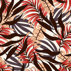 Seamless tropical pattern with colorful leaves and plants. Summer colorful hawaiian seamless pattern with tropical plants. Tropic leaves in bright colors. Beautiful seamless vector floral pattern.