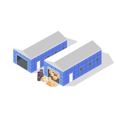 Two blue buildings with grey roofs of warehouse with black drums, cardboard boxes or wooden crates. Storage, depot for goods, products. Vector isometric illustration isolated on white background.