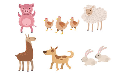 Cute Farm Animals Set, Pig, Sheep, Goose, Rabbit, Alpaca, Vector Illustration