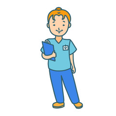 Isolated Female Nurse in Doodle Hand-Drawn Style