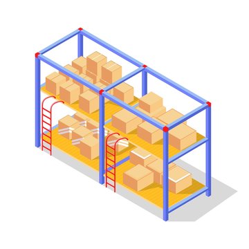 Goods, products in cardboard boxes or wooden crates storing on racks of warehouse. Depot, manufacturing, production, packing, storage concept. Vector isometric illustration isolated on white.