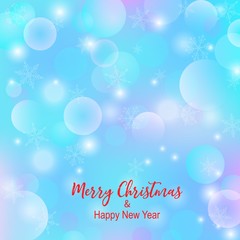 Vector poster Merry Christmas and Happy New Year on winter blur background. Festive card with calligraphy lettering and snowflakes. Xmas banner for greeting, web site, social media.