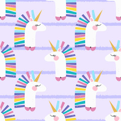 Cute unicorn with vertical lines pattern background. Design for fabric, wrapping, textile, wallpaper, apparel. © reddish