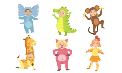 Obraz na płótnie Canvas Cute Happy Kids Dressed Animal Costumes Set, Elephant, Crocodile, Monkey, Giraffe, Pig, Chicken Vector Illustration