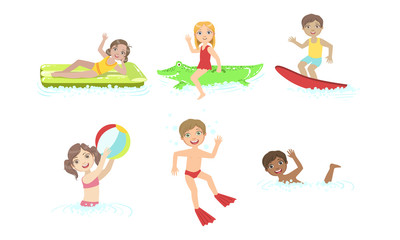 Kids Swimming and Floating on Inflatable Toys in Pool, Children Having Fun in Water Vector Illustration