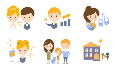 Family Lifestyle Icons Set, Wedding, Business, Birth Of a Baby Flat Vector Illustration