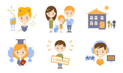 Happy Family Modern Lifestyle Icons Set Flat Vector Illustration
