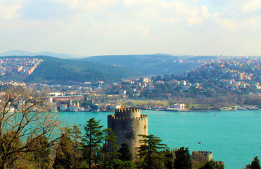 Istanbul Bosphorus view and Rumeli fortress from above