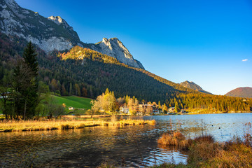 Picturesque autumn evening over Hintersee lake, Bavaria, Germany.